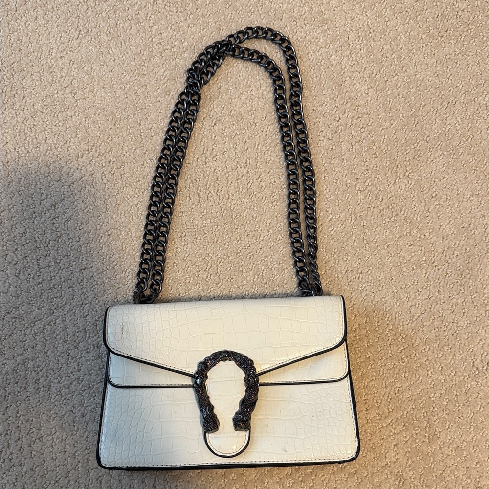White Croc-Embossed Shoulder Bag